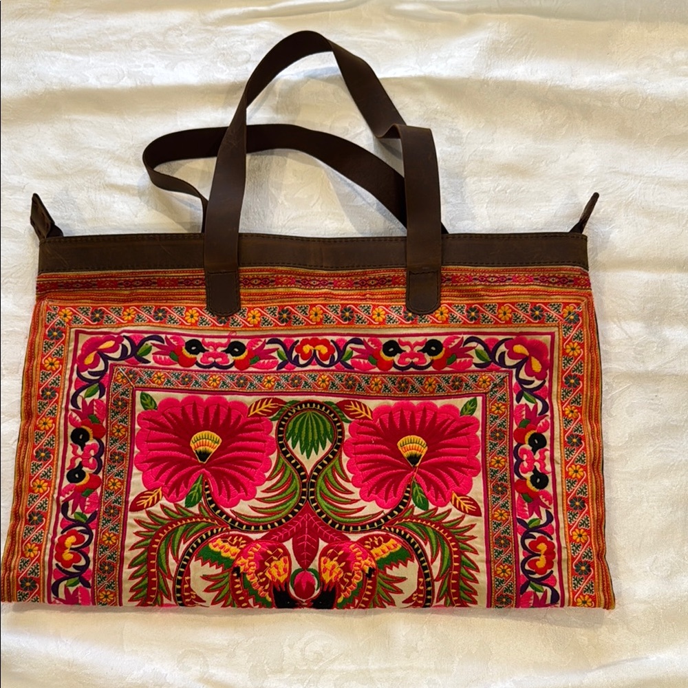 Pink and Brown Floral Hobo Bag with Intricate Embroidery